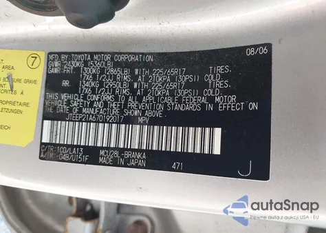 2007 Toyota Highlander Limited V6 from USA, damaged, VIN JTEEP21A670192017